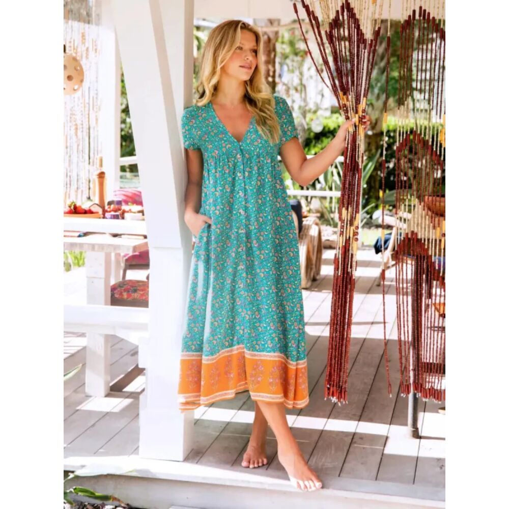 Natural Life Womens Avery Button‎ Front Midi Dress V-Neck Floral Boho Size XS/S